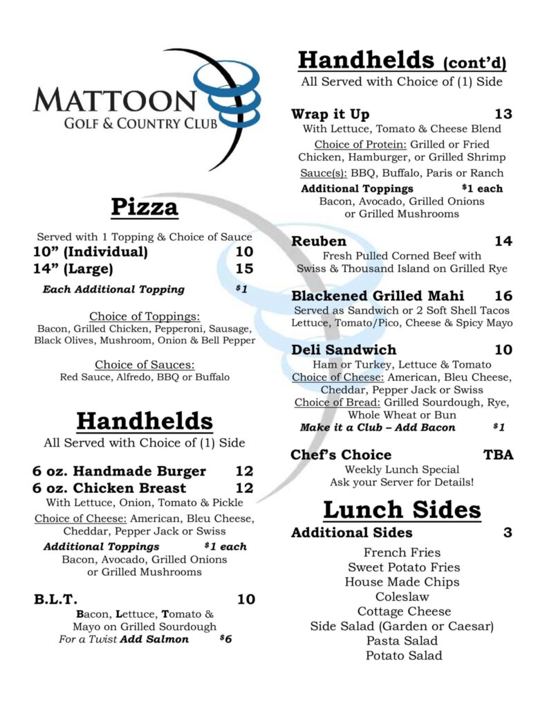 Page two of the Mattoon Golf and Country Club dinning menu