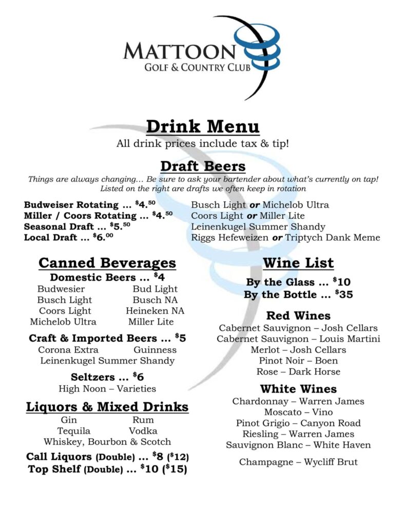 Page four of the Mattoon Golf and Country Club dinning menu
