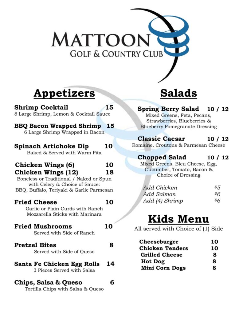 Page one of the Mattoon Golf and Country Club dinning menu